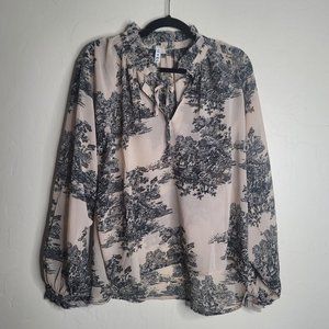 Revel Blouse Size Medium Beige Black Long Sleeve Floral
